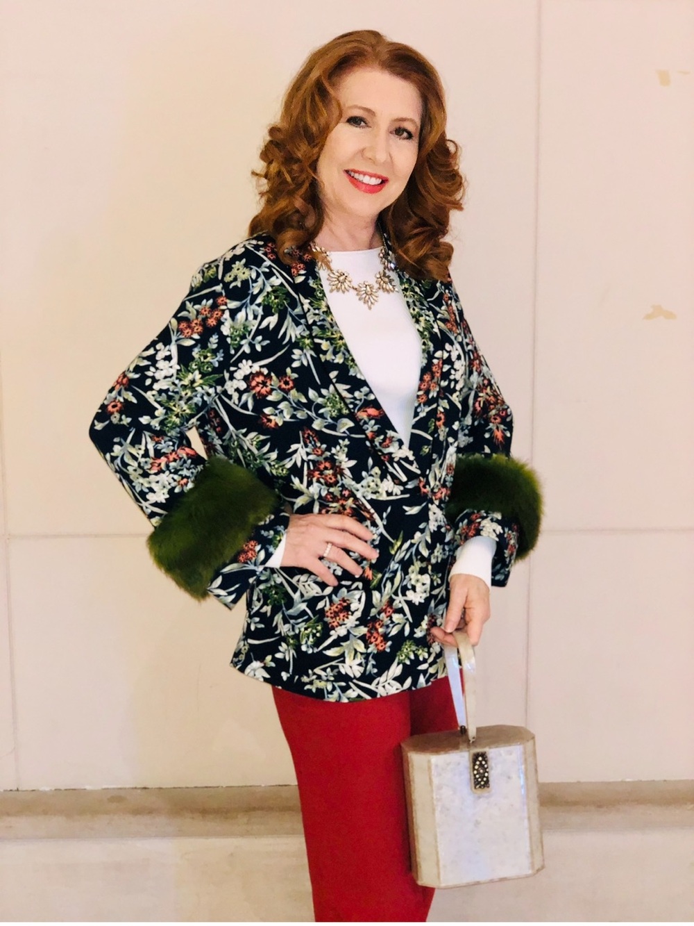 ZARA: Fabulous & Fun Floral Navy Jacket with Green Fur Cuffs & pockets-LIKE NEW!